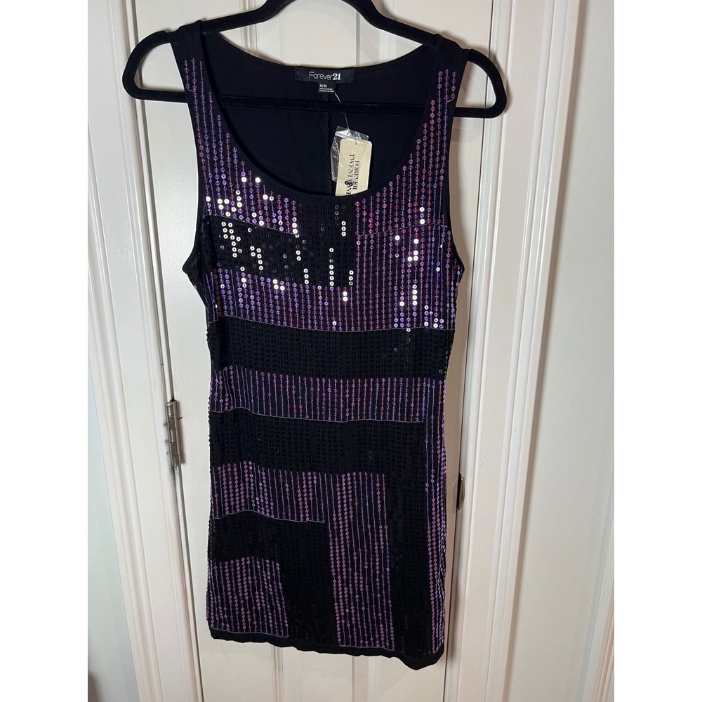 Forever 21 Women Black Purple Sequin Geometric Sleeveless Mini Dress NWT M 0832